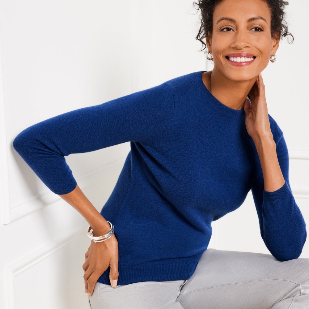 Talbots Audrey Cashmere Wool 3/4 Sweater Blue Crewneck